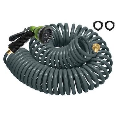 YESTAR Coil Hose 50FT EVA Coil Garden Hose With 34 Brass Connector Coiled Water Hose Lightweight And No Kink Includes 7 Patterns Spray Nozzle For Outdoors Lawn Watering Car Washing