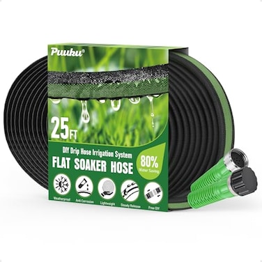 PUUKU Flat Soaker Hose 25ft for Garden and Lawns 80 WaterSaving Drip Irrigation Hose with Anodized Aluminum Ends Flexible Leakproof Double Layer Gardening Hoses