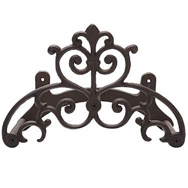 MyGift Brown Heavy Duty Cast Iron Outdoor Garden Hose Hanger Wall Mounted Water Hose Holder Reel with Vintage Scrollwork Design