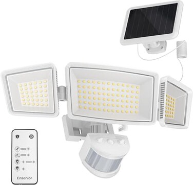 Ensenior 5 Motion Sensor Modes Solar Security Light 1800LM 270 Wide Angle 3 Heads LED Flood Lights IP65 Waterproof Wall Lights Separate Solar Panel Remote Control Solar Lights Outdoor
