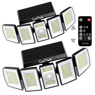 GeoMade Solar Outdoor Lights Flood Light Motion Sensor Dusk to Dawn Solar Spotlights Outdoor Waterproof 300 Security LED Remote Control 5 Head 270 Spot lamp for Wall Backyard 2 Pack
