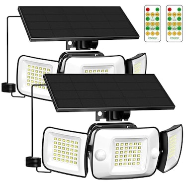 intelamp Solar Flood Lights Outdoor Waterproof 2 Pack 6000mAh 1200LM Solar Powered Dual Motion Sensor LED Lighting Dusk to Dawn Security Floodlight Exterior with Remote 98ft Cable for Garden House