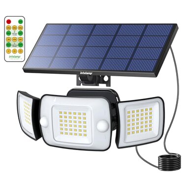 intelamp Solar Flood Lights Outdoor Waterproof 6500K 3 Head Solar Motion Sensor Security LightsSeparate Solar Panel with 9FT Cable for Garden Yard Patio Shed Garege