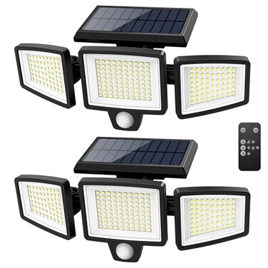 Tuffenough Solar Outdoor Lights 2500LM 210 LED Security Lights with Remote Control3 Heads Motion Sensor Lights IP65 Waterproof270 Wide Angle Flood Wall Lights with 3 Modes2 Packs