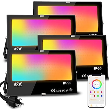 MELPO LED Flood Light Outdoor 800W Equivalent 8000LM Smart RGB Landscape Lighting with APP Control DIY Scenes Timing Warm White 2700K Color Changing Uplight IP66 Waterproof US Plug 4Pack