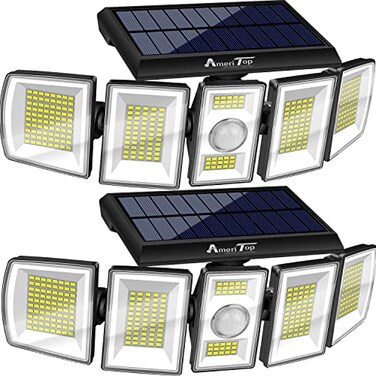 AmeriTop Solar Lights Outdoor 300 LED 6500K Motion Sensor Lights Cordless 5 Adjustable Heads 360 Wide Angle Illumination IP65 Waterproof Security Flood Light for Patio Yard Garden 2 Pack
