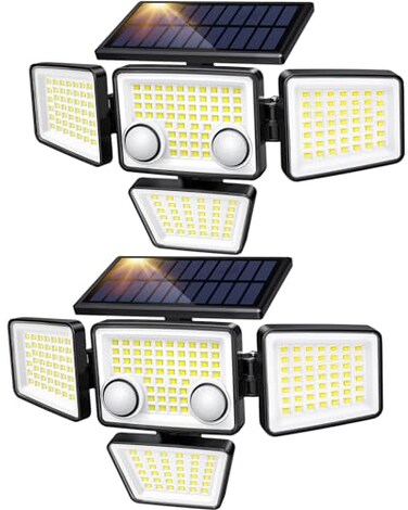LYWALT Solar Outdoor Lights 3000LM 188 LED Motion Sensor Outdoor Lights 4 Heads Security LightIP65 Waterproof Easy Install270Wide Angle Flood Wall Light with 3 Modes for Backyard Yard 2 Pack