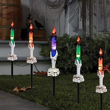 Hourleey Halloween Decorations 5 Pack Skull Candle Lights with Stakes Battery Operated Waterproof Pathway Decor with Timer for Indoor Outdoor Front Pathway Lawn Yard Garden