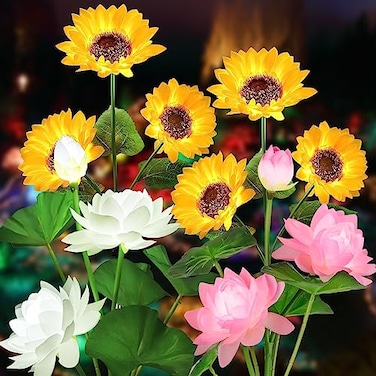 QINGYA Solar Flower Lights 4 Pack Outdoor Waterproof Sun Powered Lotus Sunflowers Landscape Decorative Glowing Lights for Yard Lawn Patio Pathway