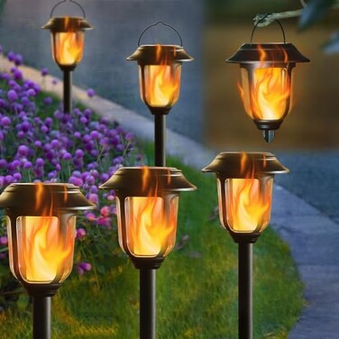 Dynaming Dual Use Solar Flame Lights Outdoor 6 Pack Solar Flickering Flame Pathway Lights Hanging Lantern Light Auto OnOff Waterproof for Garden Lawn Patio Yard Walkway Deck Driveway