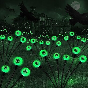 BeHiller Halloween Decorations Outdoor Solar Scary Eyeball Lights2PACKS 12LED Green Eyeball Swaying Firefly LightsWaterproof Solar Halloween Path Lights for YardGardenLawnParty Decor