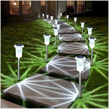 DenicMic Solar Lights Outdoor 10 Pack Waterproof 6000K Cold White LED Stainless Steel Stake Outside Lights for Yard Pathway Garden Driveway Walkway Landscape Path Lighting
