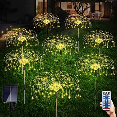 Maleyt 8 Pack Outdoor Solar Garden Lights Firework Lights Solar Powered 8 Modes Solar Landscape Lamp Outside Decor with Remote Control120 LED Waterproof DIY String Lights Warm