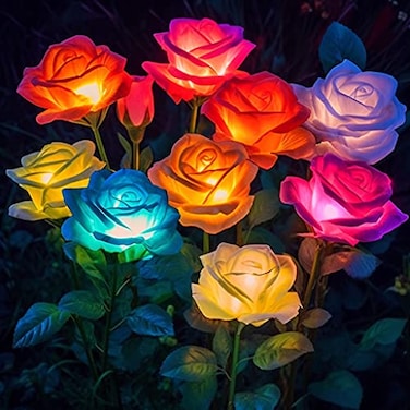BOMIER 6Pack Solar Flowers Outdoor Waterproof Solar Garden Lights with Rose Solar Flower Lights for Outside Yard Decorations Outdoor
