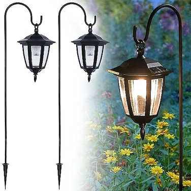 Dynaming 2 Pack Solar Hanging Lights Outdoor Solar Powered Garden Decorative Lanterns with 2 x 38 Inch Shepherd Hooks Waterproof Landscape Lighting for Lawn Patio Yard Pathway Driveway Warm White
