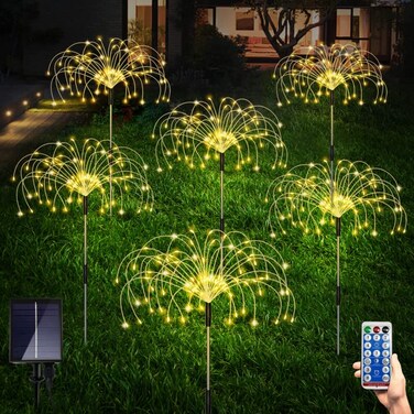 Maleyt 6 Pack Solar Garden Lights Firework Lights Decorative 8 Lighting Modes with Remote 120 LED Twinkling Waterproof Landscape Outdoor Decor for Pathway Backyard Walkway Patio Warm White