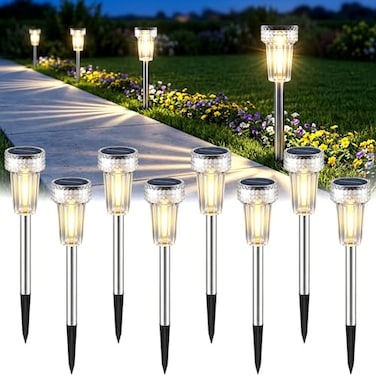 Mancra Solar Lights Outdoor Waterproof 8 Pack Stainless Steel Tungsten Bulb Solar Pathway Lights Waterproof Garden Decor for Path Yard Lawn Walkway Driveway