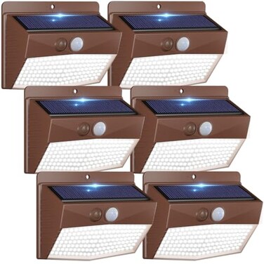 Peasur 6 Packs Solar Outdoor Lights Motion Sensor Solar Security Lights Waterproof with 3 Lighting Modes Solar Powered Wall Lights Outside for Garden Fence Yard Deck Brown