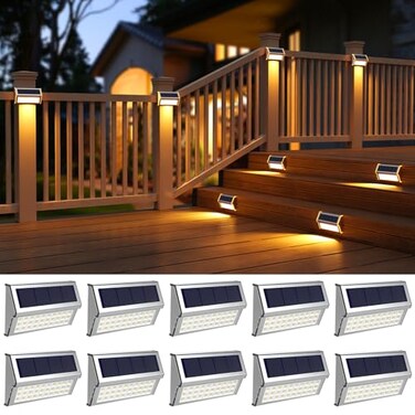 ROSHWEY Deck Lights 10 Pack 30 LED Deck Lights Solar Powered Outdoor Waterproof Patio Step Lighting Outdoor Decor Stainless Steel Backyard Lamp for Garden Yard Porch Stair Railing Warm White