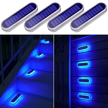 YiLaie Blue Solar Dock Deck Lights Solar Powered Outdoor Waterproof Stick on Lights for Step Stairs Driveway 4 Pack