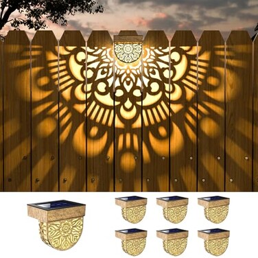 EKQ 6 Pack Solar Fence Lights Outdoor Wall Lights Gold Plastic Solar Powered Deck Step Stair Lights Mandala Theme Waterproof Fence Solar Light for Garden Post Patio Backyard Yard Decor