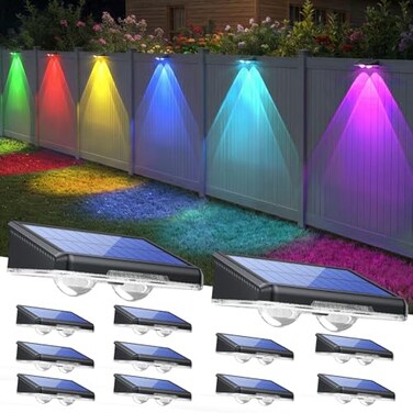 TECKNET Solar Fence Lights Outdoor 12 Pack Warm White 6 Colors RGB IP66 Waterproof LED Deck Light Dusk to Dawn Fence Lights Solar for Wall Railing Step Patio Pool Backyard Outside