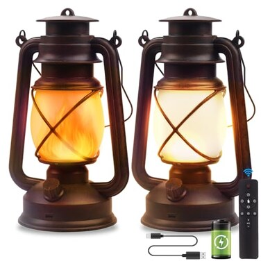 Marlrin Lantern LED Battery Powered Camping Lamp Outdoor Hanging Rechargeable Lantern Flickering Flame Retro Lanterns Remote Control 4 Modes Light NonSolar 2 Pack