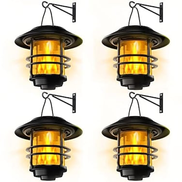 Otdair Solar Lanterns Outdoor Waterproof 4 Pack Flickering Flames Wall Garden Decor Hanging Solar Lights Wall Mount Decorations for Halloween Front Porch Patio Yard