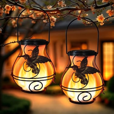 X-PREK 2 Pack Solar Lanterns Outdoor Waterproof Flickering Flame Lights Hummingbird Metal Hanging Solar Lantern Patio Porch Garden Decoration