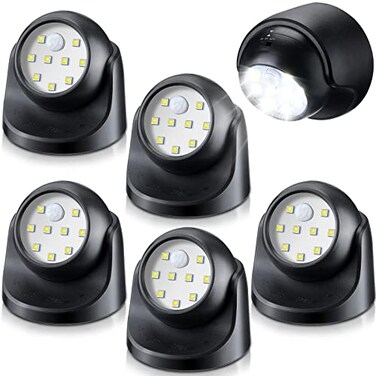 Reginary 6 Pieces Battery Powered Motion Sensor Lights 9 Led Motion Spotlight Battery Powered Led Wall Light Sensor Auto on Off Security Porch Light for Porch Stair Hallway Garage Black