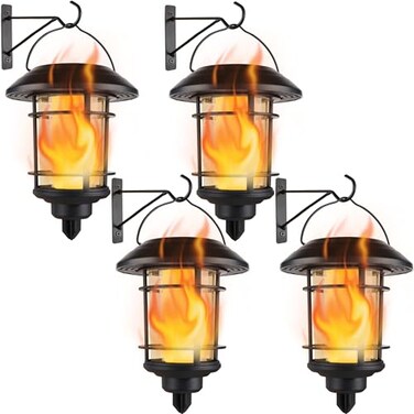 Dynaming 4 Pack Solar Flame Wall Lanterns Outdoor Solar Powered Wall Mounted Sconce Lights Flickering Flame LED Light Auto OnOff Hanging Lights Waterproof for Garage Stair Patio Porch Yard