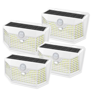 HMCITY 120 LED Outdoor Solar Lights with Motion Sensor and 3 Lighting Modes IP65 Waterproof Wide Solar Wall Lights Ideal for Garden Patio Yard Front Button 4Packs White ShellDaylight White