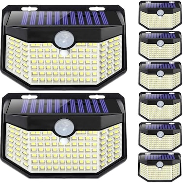 HMCITY 120 LED Outdoor Solar Lights with Motion Sensor and 3 Lighting Modes IP65 Waterproof Wide Solar Wall Lights Ideal for Garden Patio Yard Front Button 8Packs Black ShellDaylight White