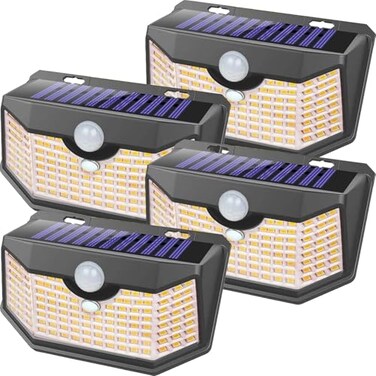 HMCITY 120 LED Outdoor Solar Lights with Motion Sensor and 3 Lighting Modes IP65 Waterproof Wide Solar Wall Lights Ideal for Garden Patio Yard Front Button 4Packs Black ShellWarm White
