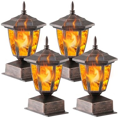 Dynaming 4 Pack Solar Flame Post Lights Outdoor Solar Powered Lamps Fence Post Cap Lights Flickering Flame LED Lantern Waterproof for Garden Deck Patio Fit 4x4 5x5 or 6x6 Wooden Posts Bronze