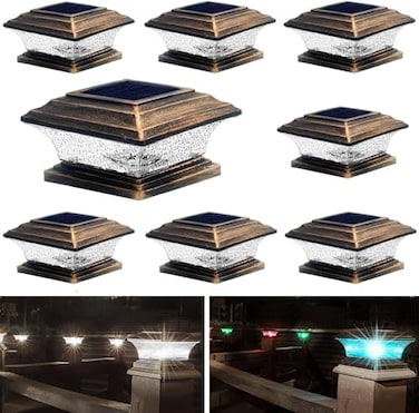HUYIENO Solar Post Cap Lights Outdoor LED Lighting Deck Fence Light Two Modes Warm White7 RGB Color Changing Suitable for 4x4 5x5 Wooden Posts Brushed Copper 8pk HY1238