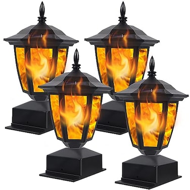 Dynaming Solar Flame Post Lights Outdoor Solar Powered Lamps Fence Post Cap Lights Flickering Flame LED Lantern Decorative Waterproof for Garden Deck Patio Fit 4x4 5x5 or 6x6 Wooden Posts 4 Pack