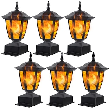 Dynaming Solar Flame Post Lights Outdoor Solar Powered Lamps Fence Post Cap Lights Flickering Flame LED Lantern Decorative Waterproof for Garden Deck Patio Fit 4x4 5x5 or 6x6 Wooden Posts 6 Pack