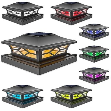 VOLISUN Solar Post Cap Light Outdoor Waterproof RGB Color Changing Solar Fence Cap Flashing Lights 8Pack Black for 4x4 5x5 6x6 Wooden Vinyl Post