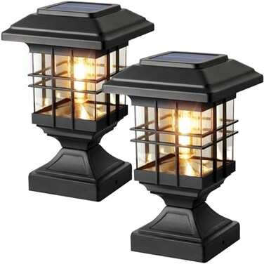 Lffital Solar Post Lights Outdoor Solar Cap Lights Deck Fence Cap for 4x4 5x5 6x6 Posts Patio Garden Courtyard Decoration Fixture Waterproof Warm White Lighting Black 2