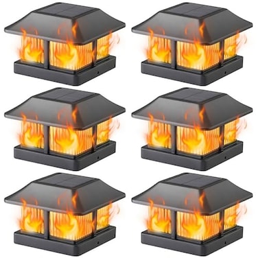 Dynaming Solar Flame Post Cap Lights Outdoor Solar Powered Fence Post Light Flickering Flame LED Lantern Lamps Waterproof for Garden Deck Patio Fit 4x4 WoodenVinyl Posts 6 Pack