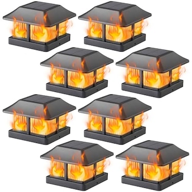 Dynaming Solar Flame Post Cap Lights Outdoor Solar Powered Fence Post Light Flickering Flame LED Lantern Lamps Waterproof for Garden Deck Patio Fit 4x4 WoodenVinyl Posts 8 Pack