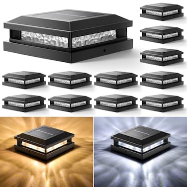 Bosceos Solar Post Cap Lights 12 Pack Upgraded Outdoor Fence Post Lights for 4x4 45x45 5x5 VinylWood Posts Black Deck Posts Cap Light Solar Powered with Warm WhiteCool White for Garden Patio Porch