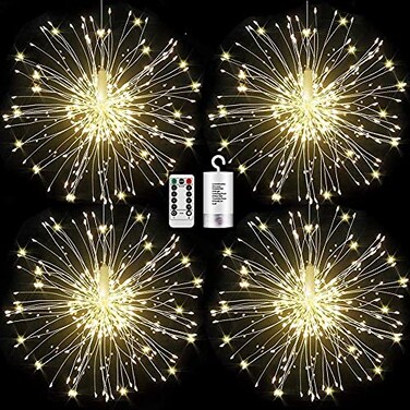 FOOING 4 Pack Firework Lights Led Copper Wire Star String Lights 8 Modes Battery Operated Fairy Lights with RemoteWedding Decorative Hanging Lights for Party Patio Garden Decoration