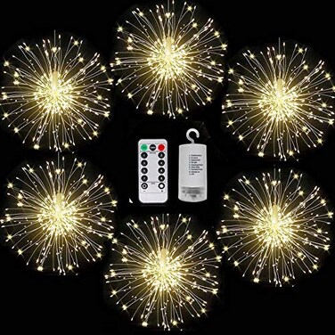 FOOING 6 Pack Firework Lights Led Copper Wire String Lights 8 Modes Battery Operated Fairy Lights with RemoteWedding Decorative Hanging Light for Party Patio Warm White