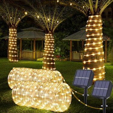 Jnaurb Solar Rope Lights 2 Packs Total 132ft 400LED Solar String Lights 8 Modes Waterproof Solar Outdoor Light Flexible Clear Trampoline Light for Garden Backyard Patio Deck Pool Tree Decor Warm White