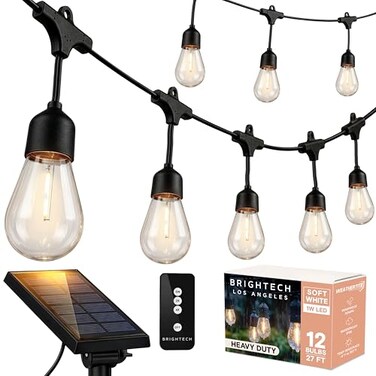 Brightech Ambience Pro Solar Power Remote Control Outdoor String Lights with Edison Bulbs Shatterproof Commercial Grade LED Waterproof Patio Lights 1W 3000K Hanging 27 ft