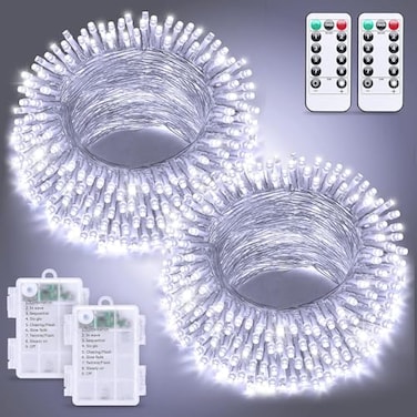 JMEXSUSS 2 Pack White Battery Operated String Lights Each 33ft 100 LED Wedding Lights Outdoor Indoor 8 Modes Christmas Lights with Remote Waterproof for Wedding Front Porch Yard House Room Decor