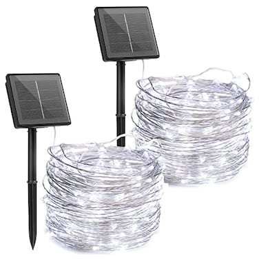 Brightown Outdoor Solar String Lights 2 Pack 33 Feet 100 Led Solar Powered Fairy Lights with 8 Modes Waterproof Decoration Copper Wire Light for Patio Yard Trees Christmas Wedding Party Pure White