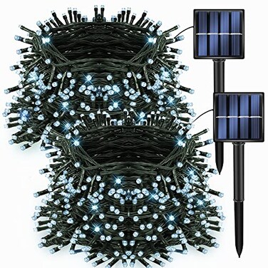 Dazzle Bright 2 Pack Total 400LED 132FT White Christmas Solar String Outdoor Lights Solar Powered with 8 Modes Waterproof Fairy Lights for Bedroom Patio Garden Tree Party Yard Decoration